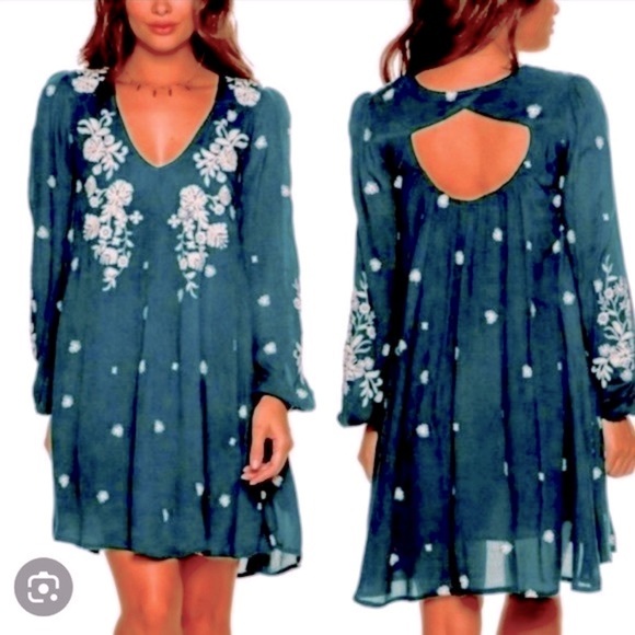 FREE PEOPLE Like New Tennessee Teal Tunic Embroidered Dress Size Small - Picture 1 of 4